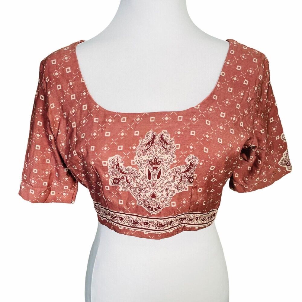Handmade Pink Printed Short Sleeve Crop Top Medium Hook and Eye